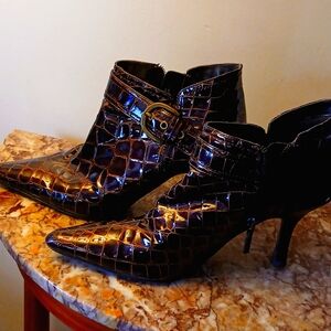 Size 7 ankle booties brown patent leather with three and a half inch heal